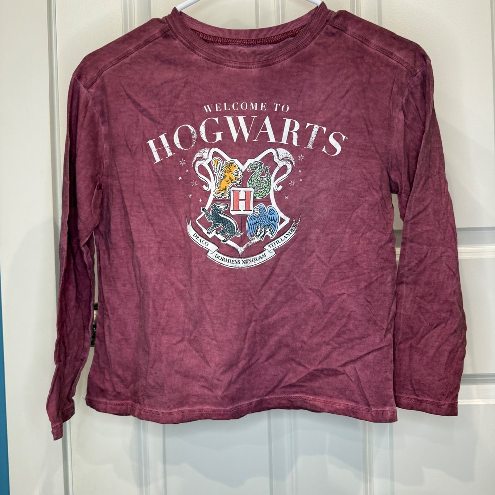 Harry Potter Kids Hogwarts Crest Long Sleeve Graphic Tee Maroon Burgundy Size 14